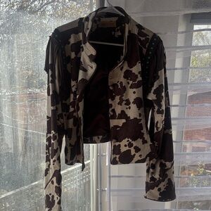 Shyanne Brown & White Cowhide Fringe Jacket with Turquoise Studs